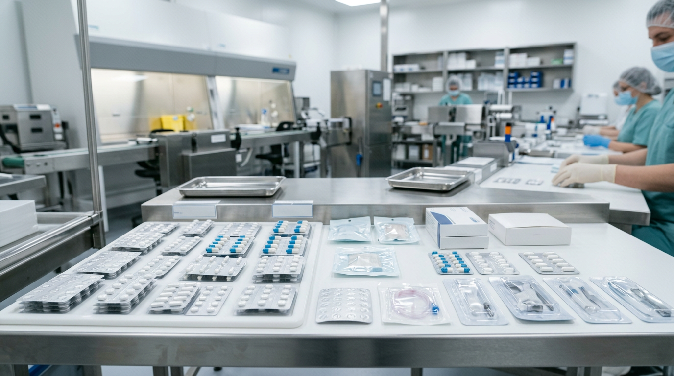 Sterile blister packaging for medical devices in a clean pharmaceutical environment