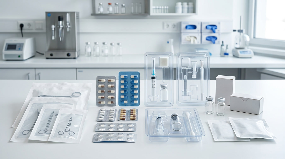 Variety of medical packaging materials including Tyvek, foil blisters and PETG trays